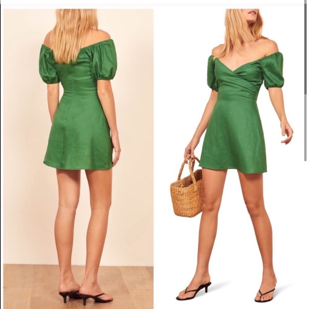 Reformation Bowie Green Puff Sleeve Mini Dress